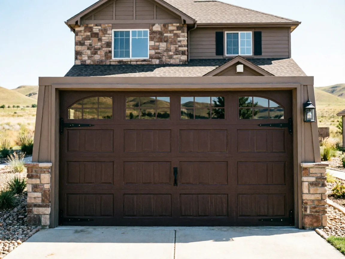A brown garage door with windows and decorative hardware on a house.