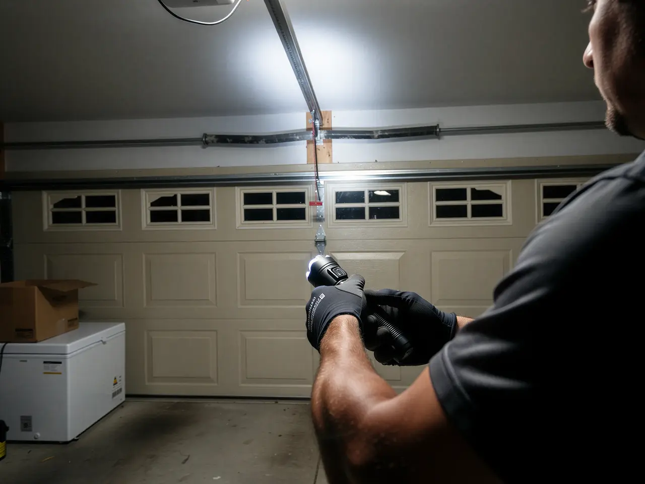 A technician shines a flashlight on a garage door with a broken torsion spring.