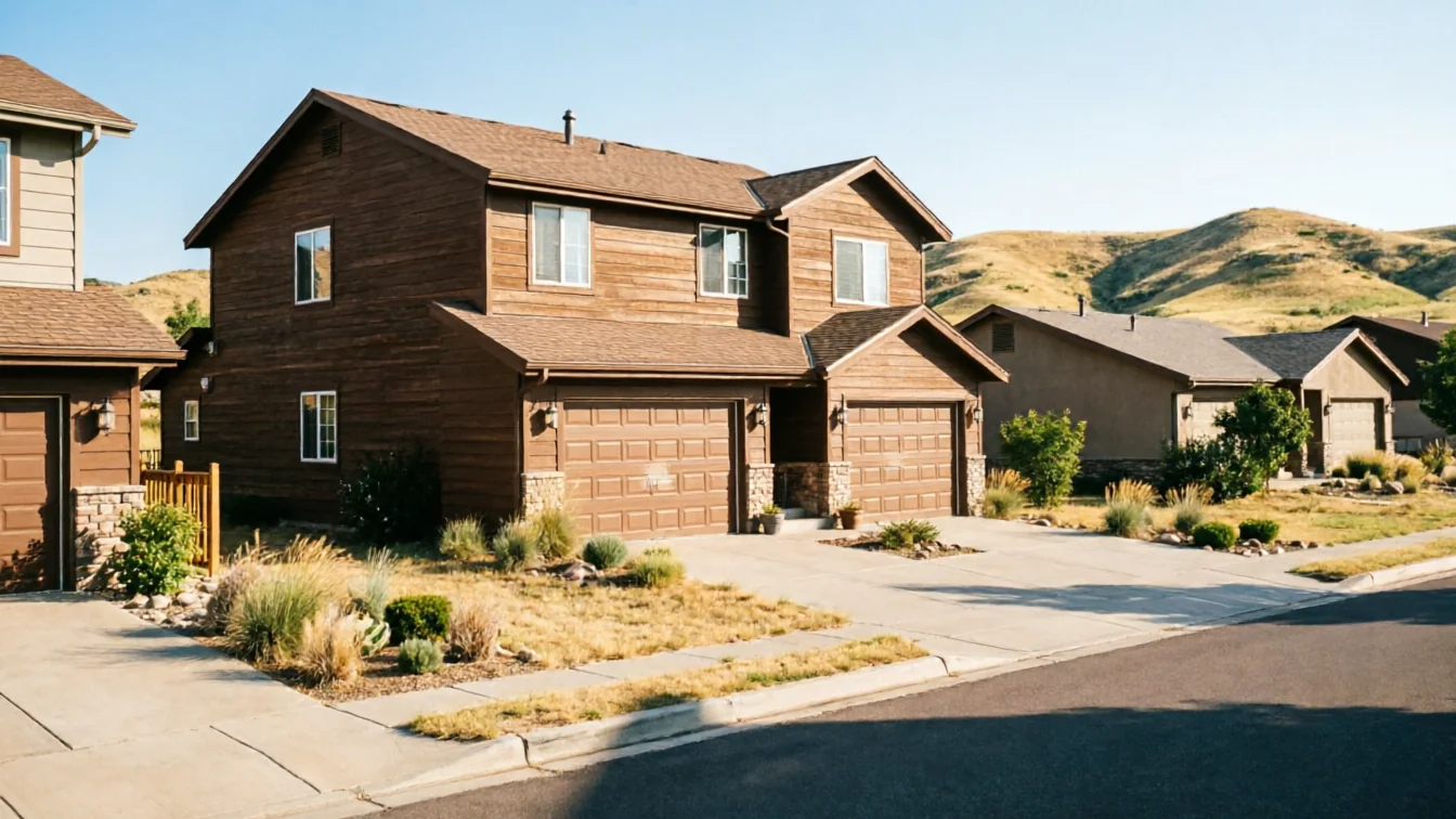 Two brown houses with brown garage doors sit on a sunny street.