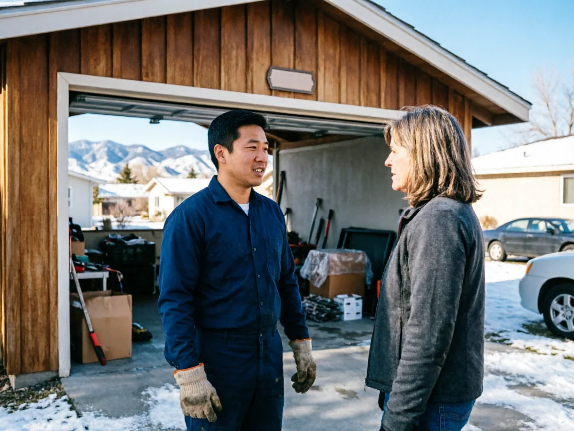 A technician in a blue uniform talks to a woman in front of an open garage.
