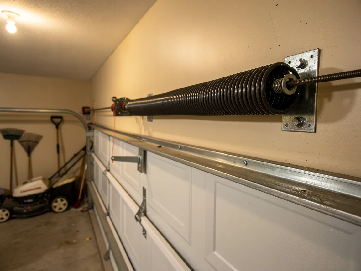 A torsion spring is mounted above a white garage door.