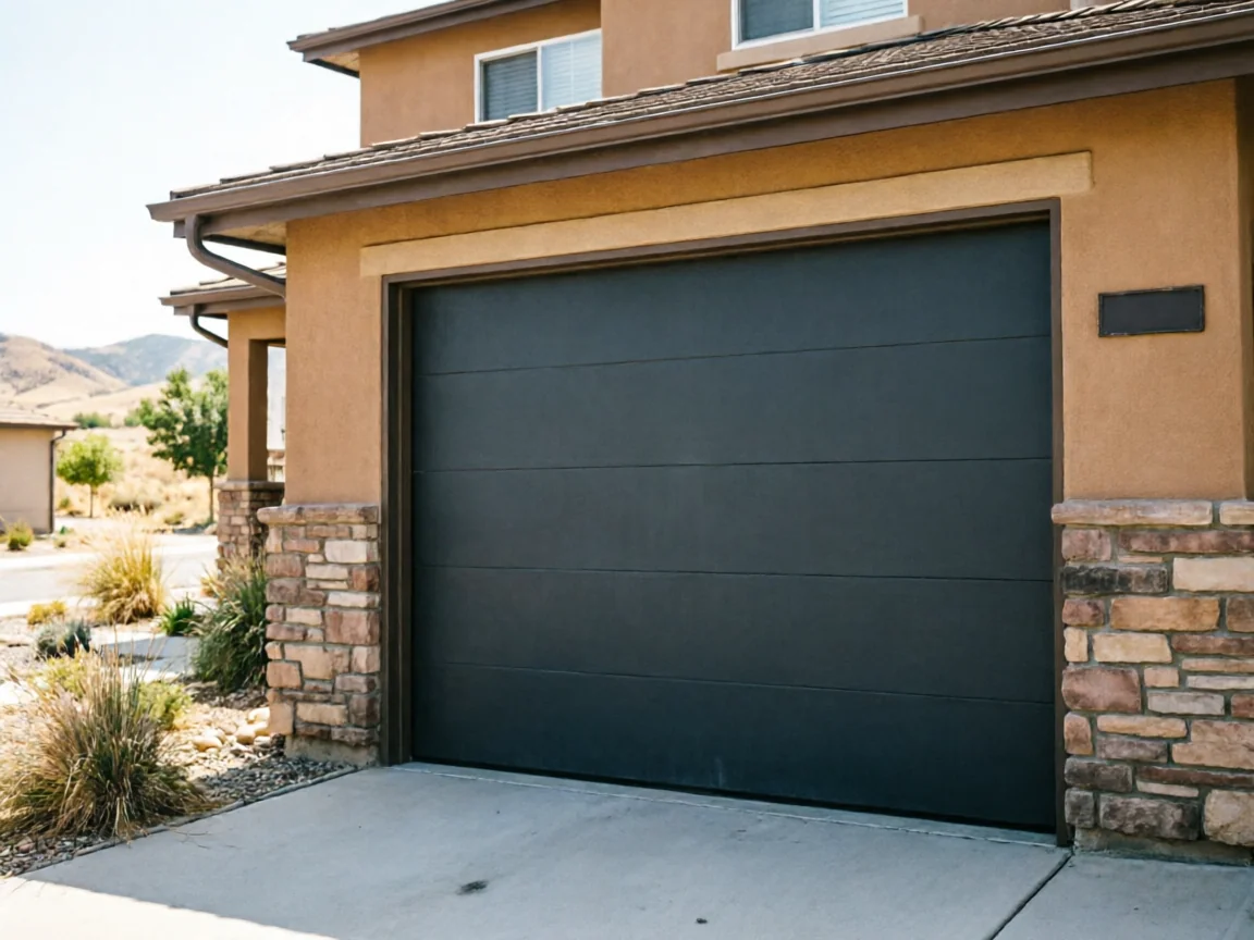 A dark gray garage door is on a tan house with stone accents.