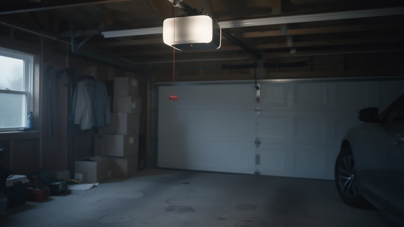 A garage door opener illuminates a garage with a white garage door and a car.