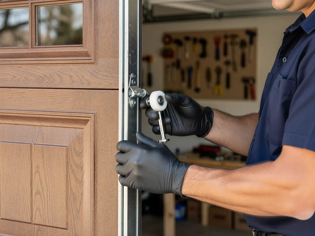 A technician in black gloves installs a new roller on a brown garage door.