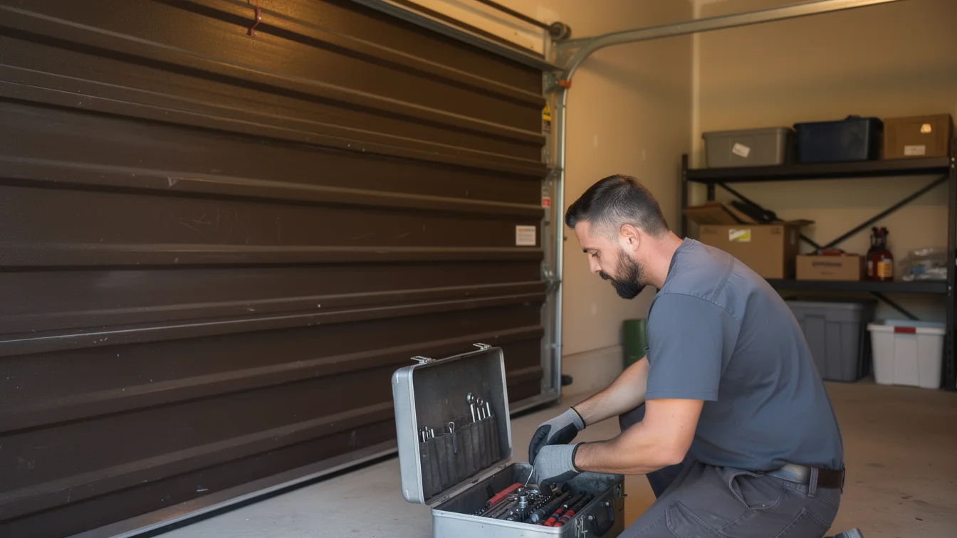 A technician kneels on the garage floor, looking into an open toolbox.