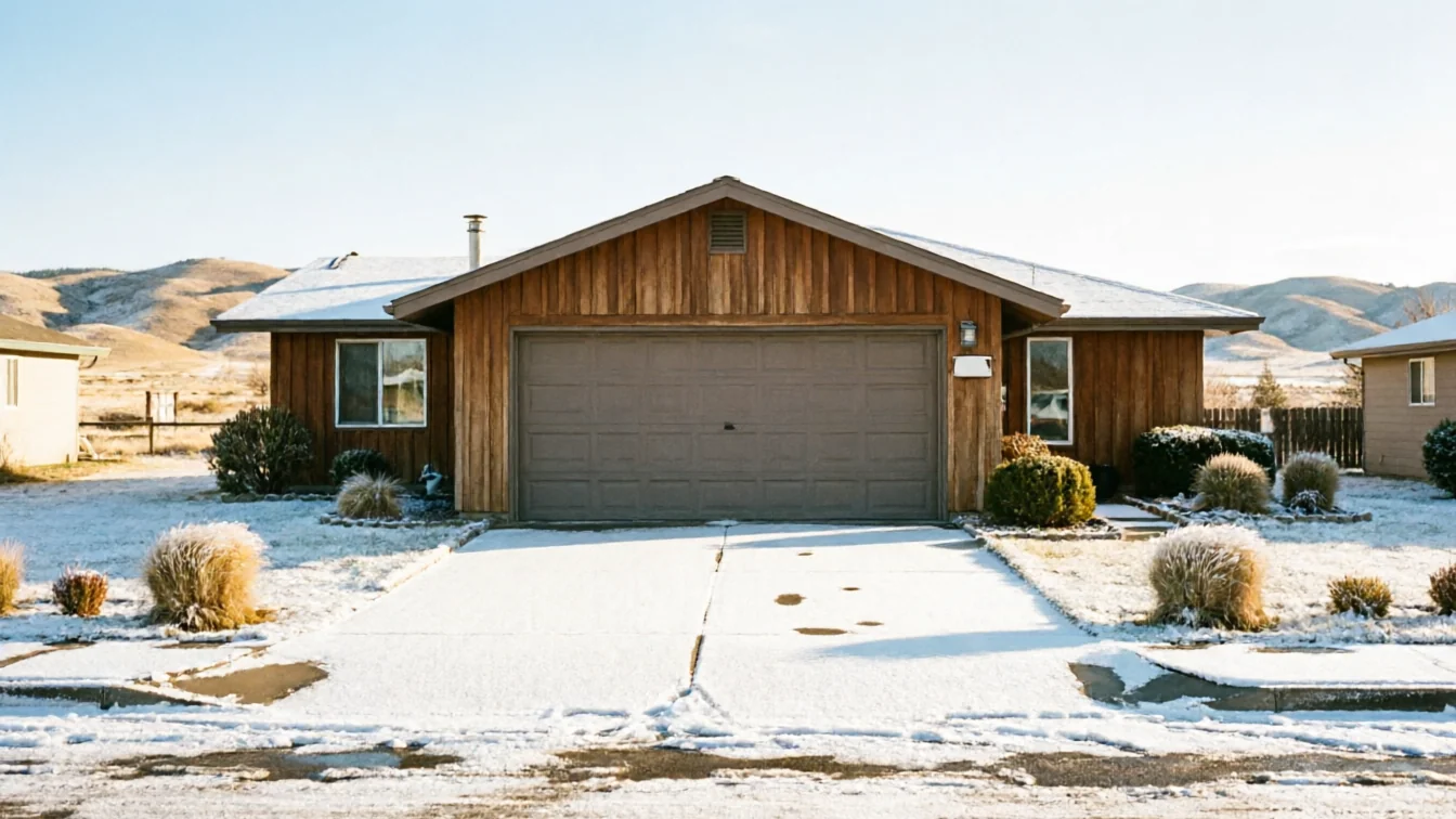 A brown house with a gray garage door and a snow-covered driveway.